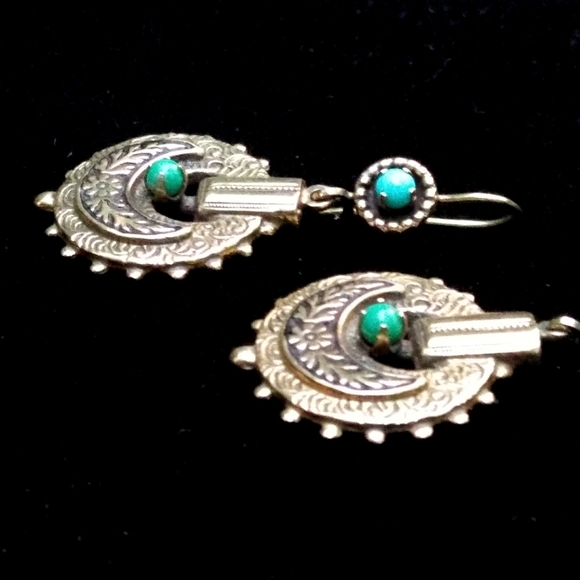 c.1800s VICTORIAN 14K Gold Turquoise Drop Earrings ANTIQUE - Picture 5 of 12